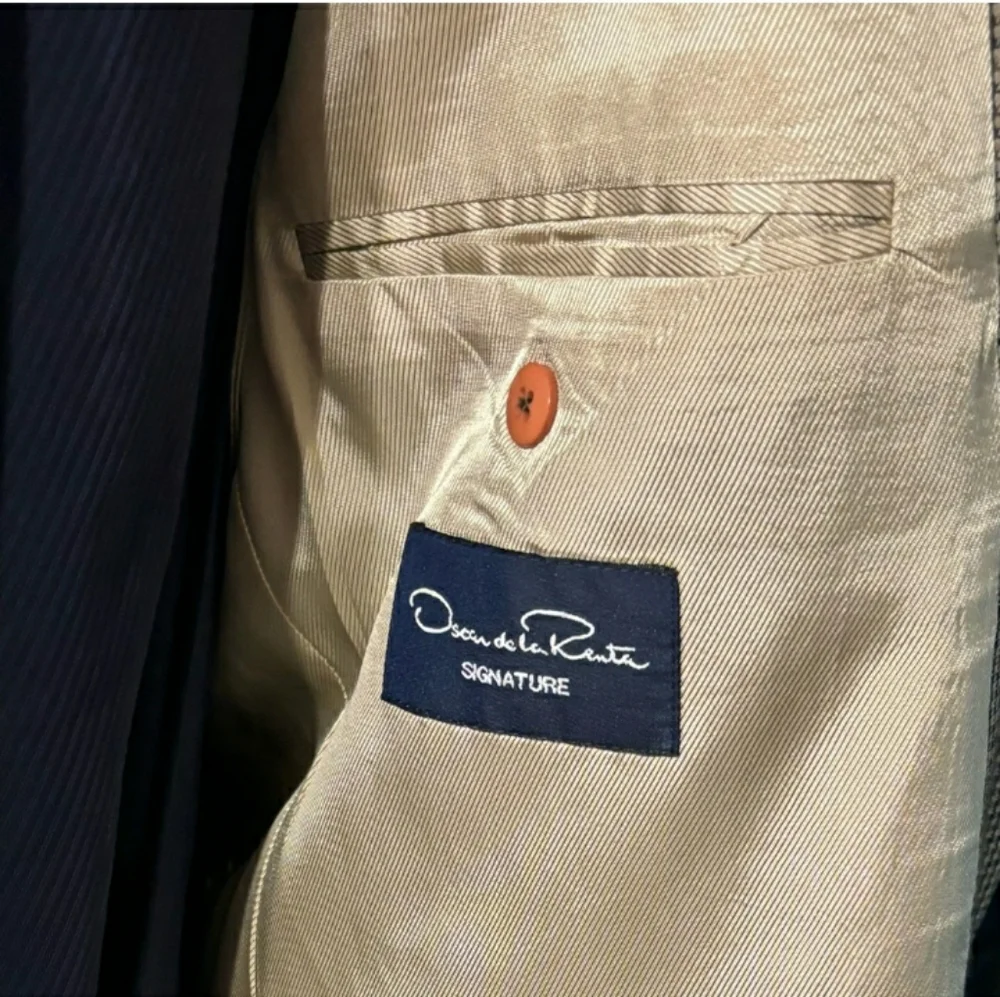 OSCA DE LA RENTA 2 Button Tan/Navy Houndstooth Blazer